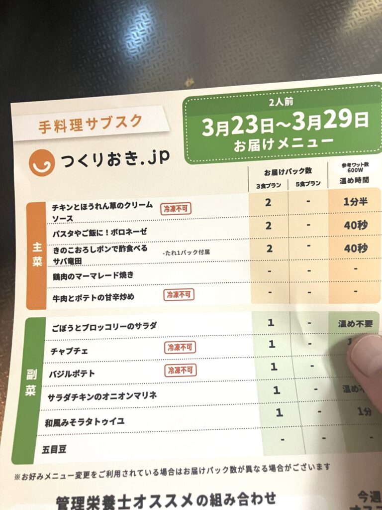 実際に届いたメニュー(3月23日〜29日分)はこちらです。