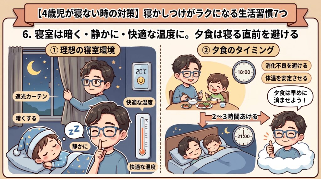 6.寝室は暗く・静かに・快適な温度に。夕食は寝る直前を避ける
