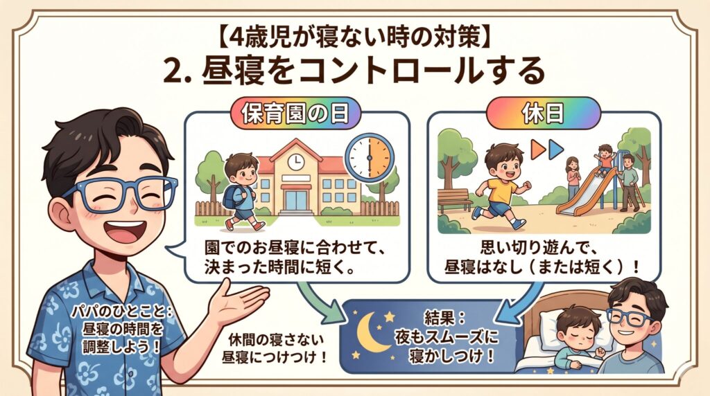 2. 昼寝をコントロールする｜保育園の日と休日で分ける（我が家で一番効いた対策）
