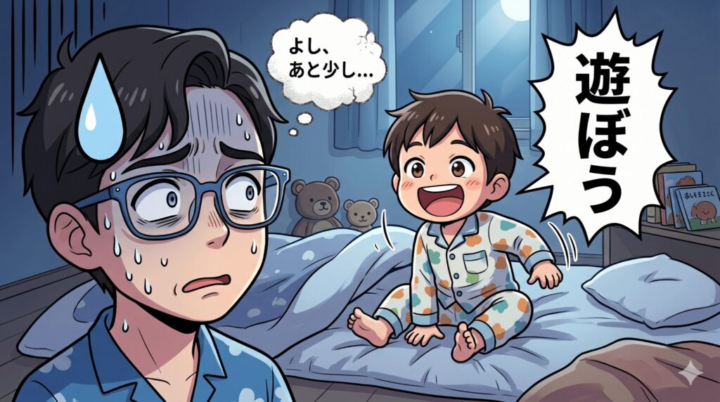 呼吸が深くなって、まぶたが重そうになって、「よし、あと少し」と息を殺していると、急にガバッと起き上がってケラケラ笑い出す。