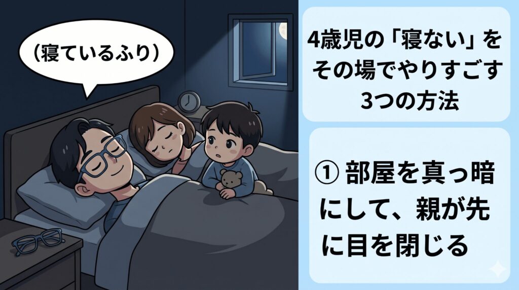 ① 部屋を真っ暗にして、親が先に目を閉じる