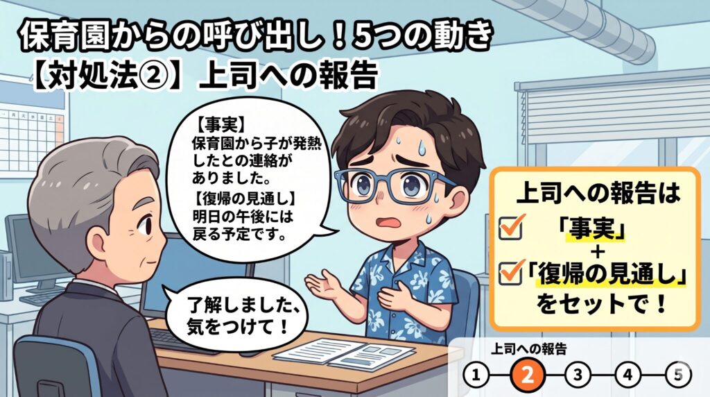 対処法②:上司への報告は「事実＋復帰の見通し」をセットで