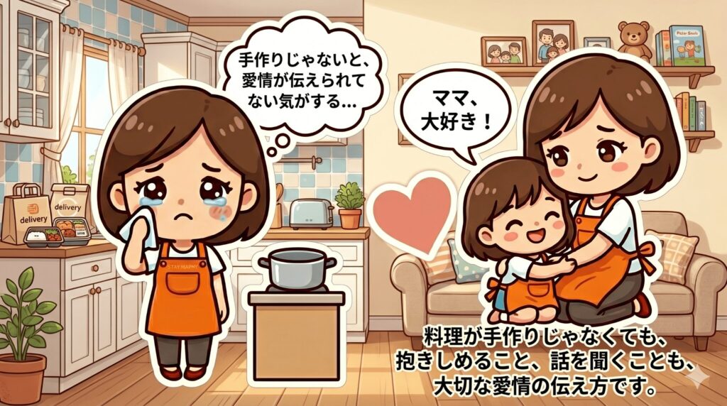 料理してないと、子どもに愛情を伝えられてない気がするっていう、目に見えない呪いみたいなやつ。