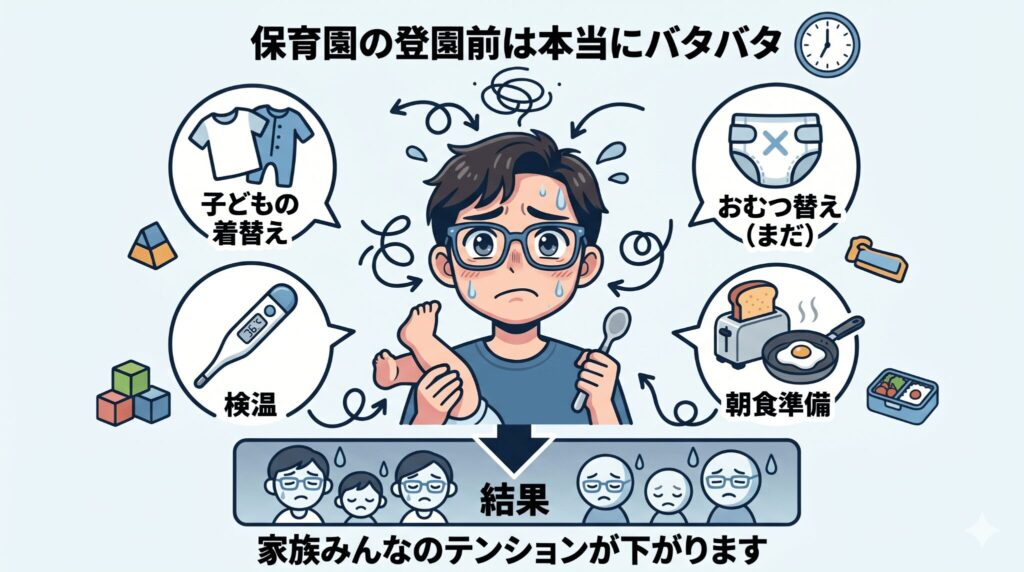 理由：保育園の登園前は本当にバタバタだからです（泣）。