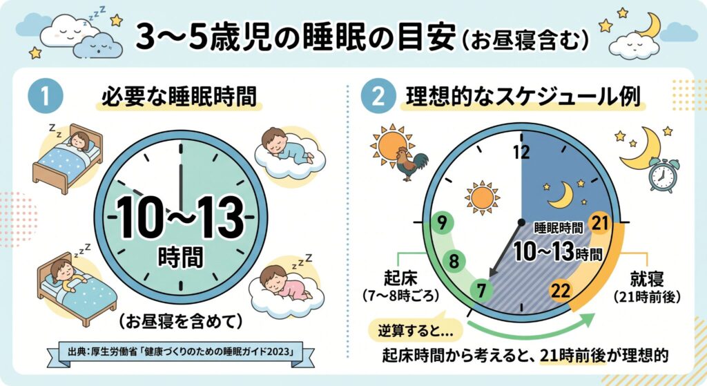 3〜5歳の子どもに必要な睡眠時間は、お昼寝を含めて1日あたり10〜13時間ほどが目安です。これは厚生労働省「健康づくりのための睡眠ガイド2023」が示す数字です。