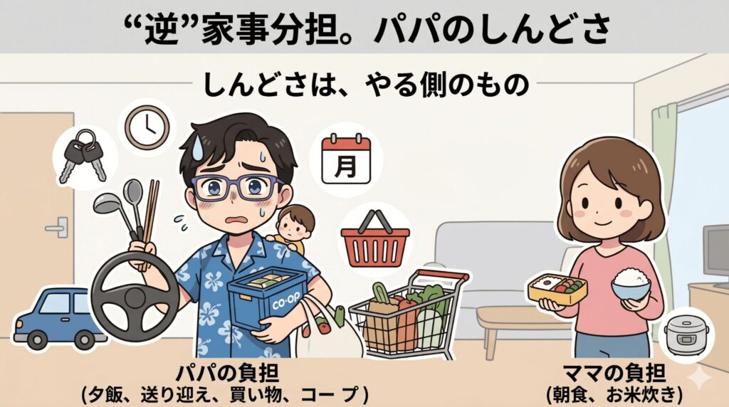 「逆の家事分担」のイラスト。夕飯・送り迎え・買い物・コープで手一杯のパパと、朝食やお米炊きを担うママ