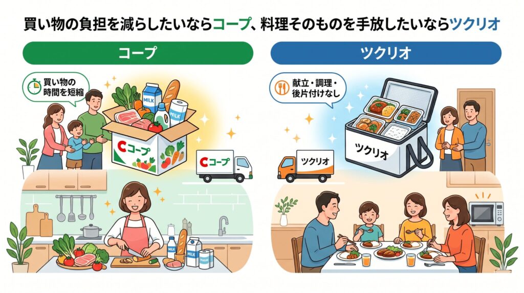コープ向きの家庭とツクリオ向きの家庭のタイプ比較イメージ