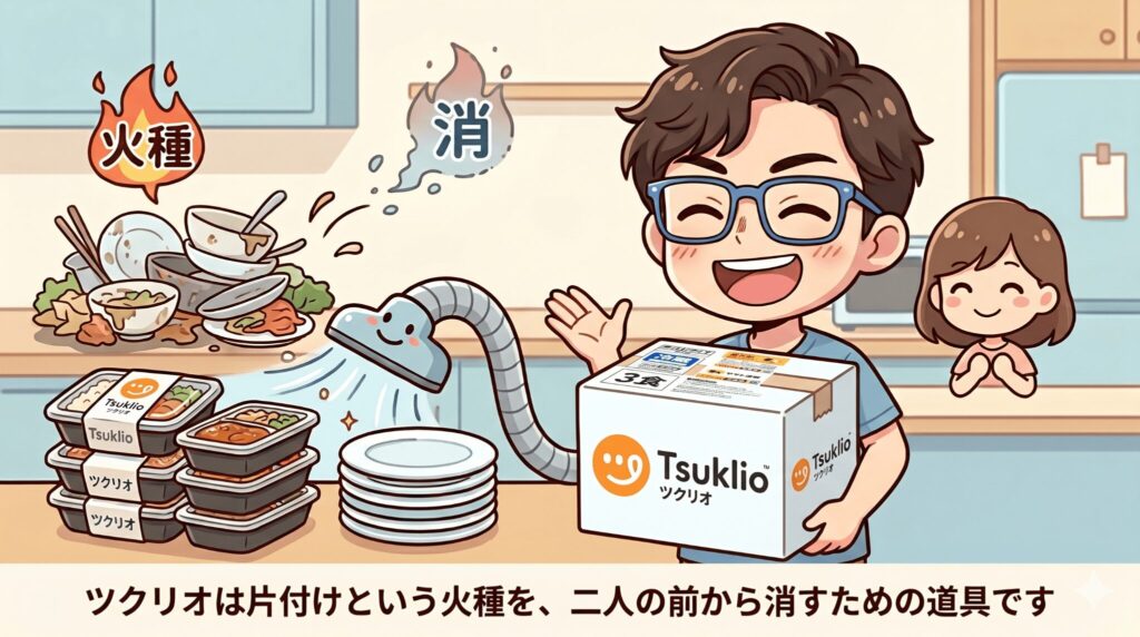 ツクリオが『片付けという火種』を消す道具であることを表したイラスト。汚れた皿の山をシャワーで流すイメージ