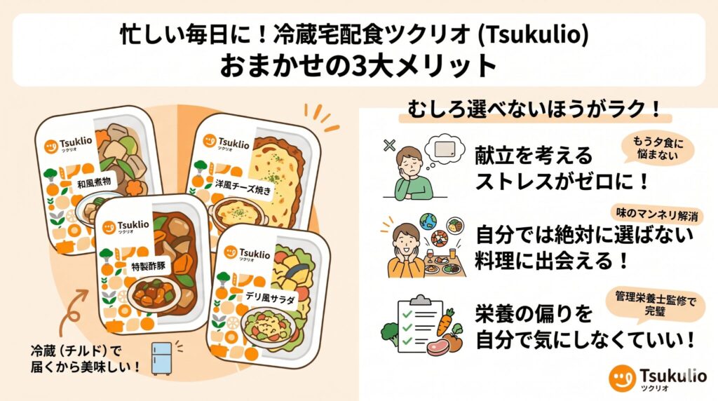 ツクリオのメニューが選べないメリット(献立ストレスゼロ・食の幅が広がる・栄養バランスおまかせ)