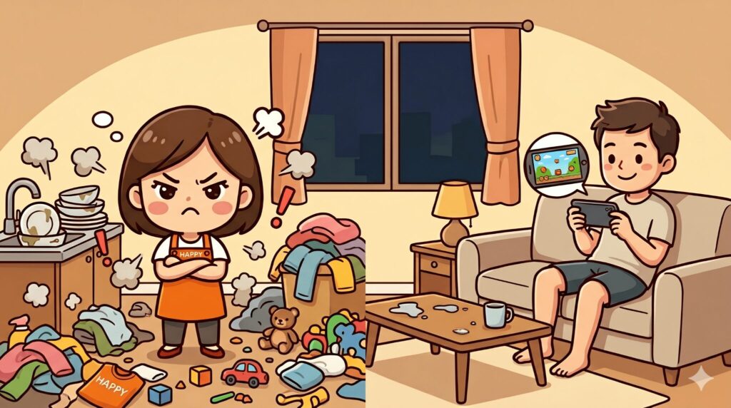 散らかった部屋で腕を組んで怒る妻と、ソファでゲームをしてくつろぐ夫を対比したイラスト