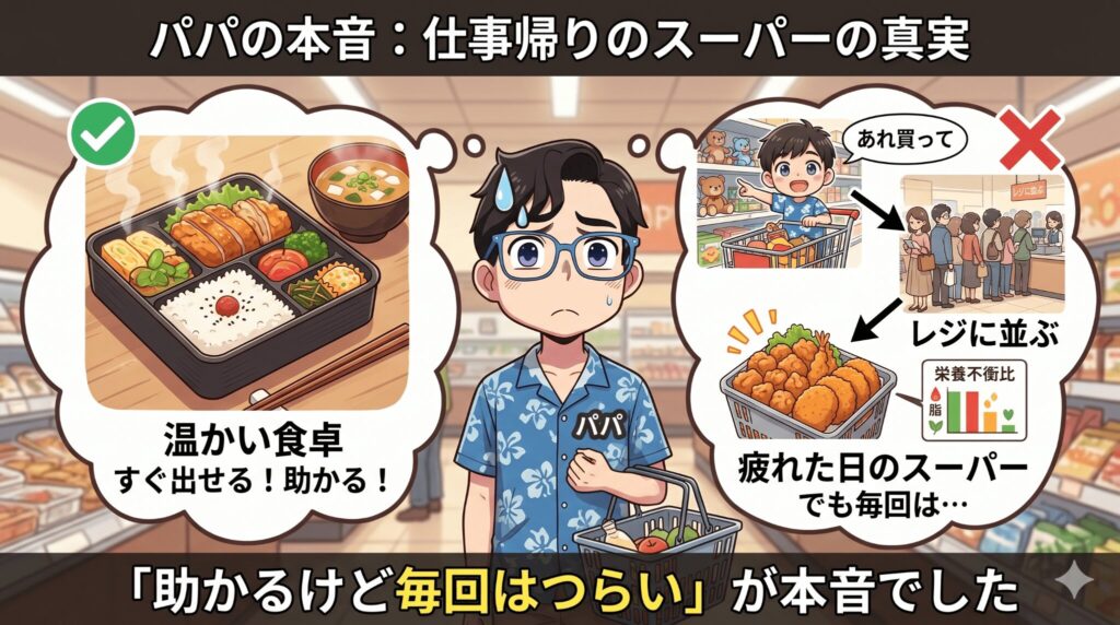 温かいものがすぐ出せて助かる一方、疲れた日にスーパーへ寄ること自体が地味に重い。

レジに並び、子どもの「あれ買って」が始まり、揚げ物に寄って栄養も偏る。

「助かるけど毎回はつらい」が本音でした。
