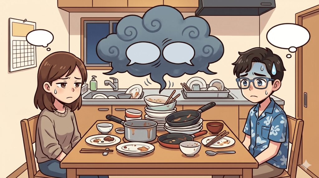 洗い物が山積みの食卓で、気まずく黙り込む共働き夫婦のイラスト