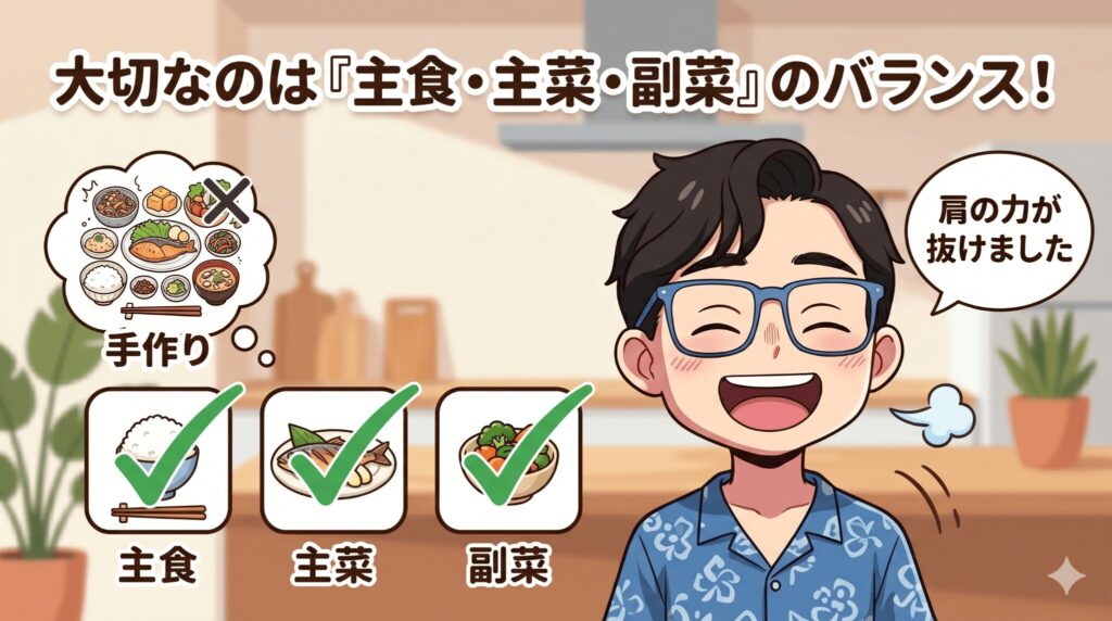 でも調べてみると、毎食を手作りするかどうかより、主食・主菜・副菜がそろっているかのほうが大事なんだと知って、肩の力が抜けました。