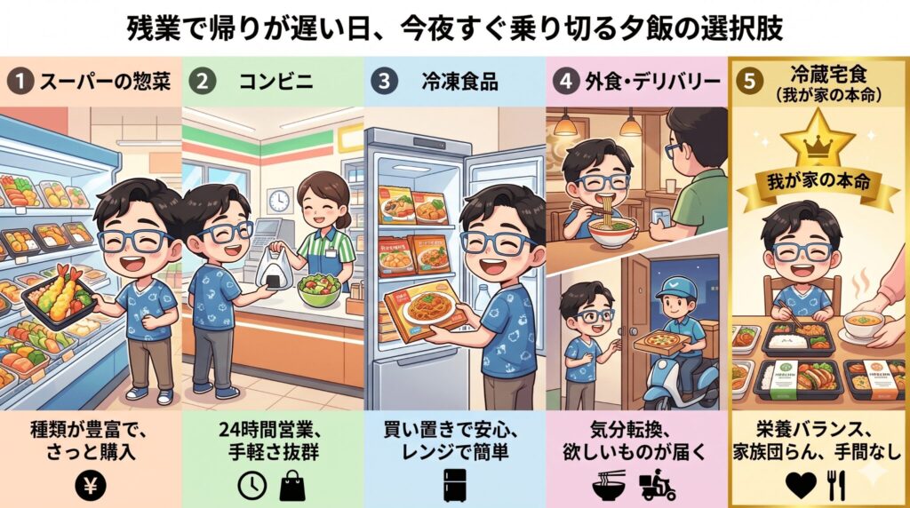 残業で帰りが遅い日、今夜すぐ乗り切る夕飯の選択肢