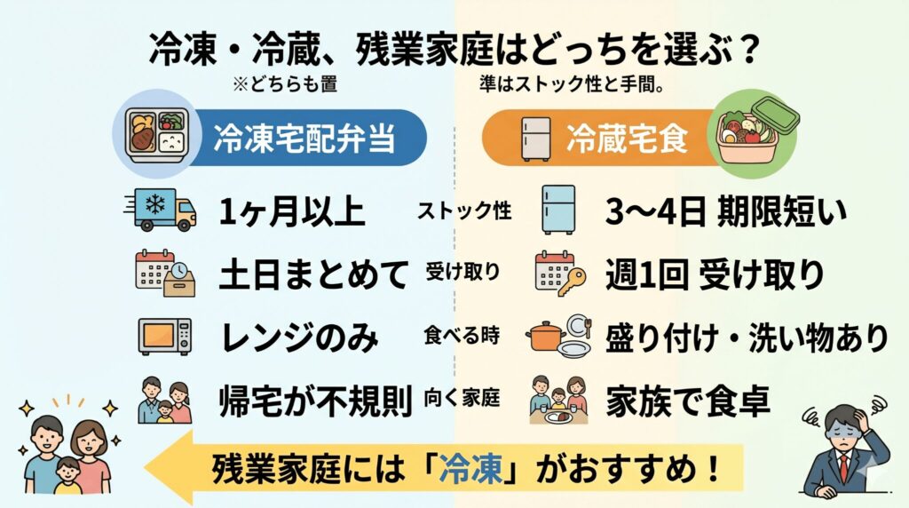 冷凍宅配弁当と冷蔵宅食、残業家庭はどっちが向く？