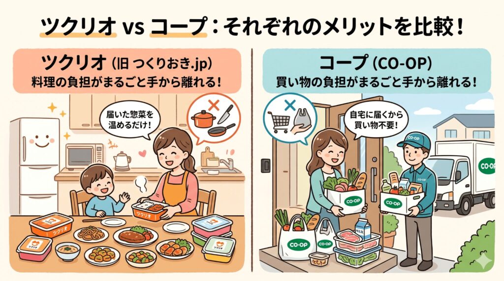 ツクリオは料理の代行・コープは買い物の代行という違いを示すイメージ図