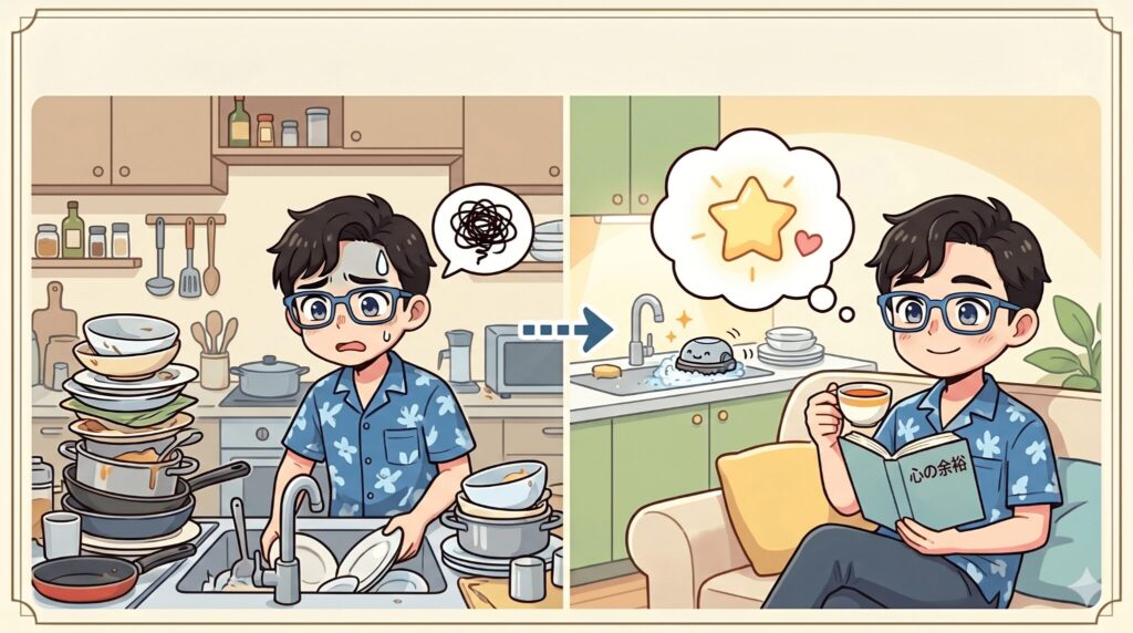洗い物の山で疲れるパパと、片付けが済んでコーヒー片手に『心の余裕』を取り戻したパパを対比したイラスト