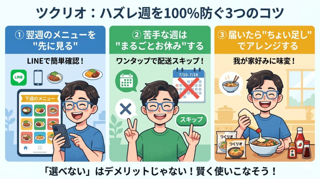 ツクリオのハズレ週を防ぐ3つの方法(メニューを先に見る・お休み登録・ちょい足しアレンジ)