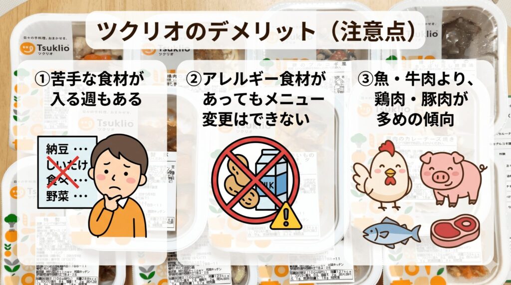 ツクリオのメニューが選べないデメリット(苦手食材・アレルギー非対応・鶏豚多め)