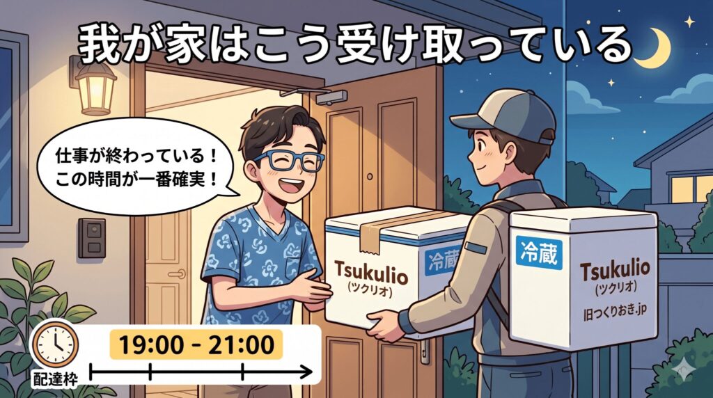 私は、確実に仕事が終わっている19〜21時の配達枠を指定しています。