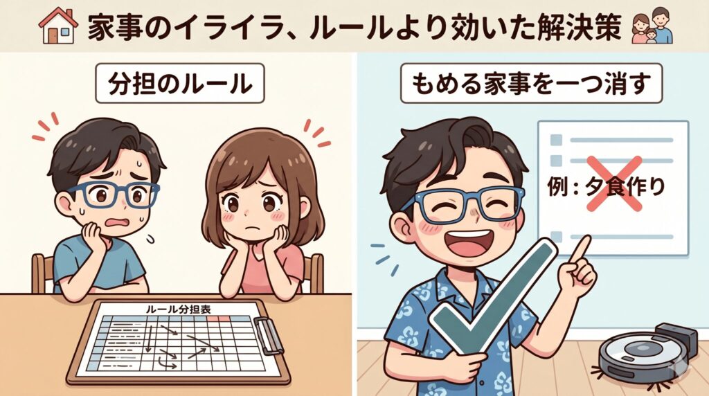 分担ルール表に悩む夫婦と、もめる家事(例:夕食作り)を一つ消して笑顔になったパパを対比したイラスト