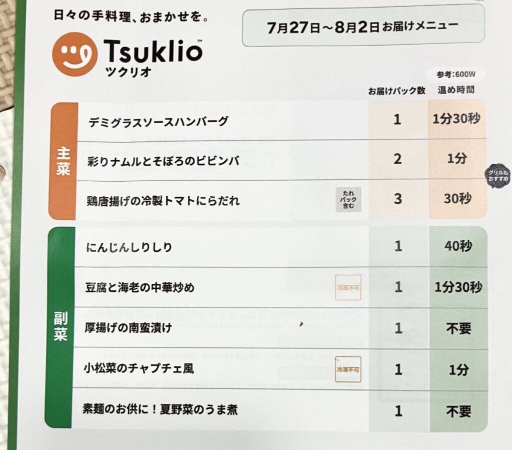 ツクリオの紙メニュー表。7月27日〜8月2日お届け分の主菜3品と副菜5品の献立